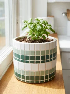 Ceramic planter decorated with horizontal stripes of white, sage, and forest-green square mosaic tiles.