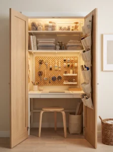 Small closet converted into a craft station with a compact desk, adjustable shelves, pegboard, and organized supplies.