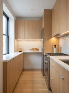 Small apartment U-shaped kitchen with slim cabinets, compact appliances, light finishes, and an open central aisle.