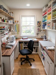 Compact U-shaped sewing room layout with sewing, cutting, and pressing stations