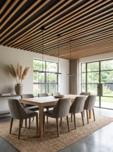 Natural pine ceiling slats arranged over a charcoal backdrop in a contemporary dining area.