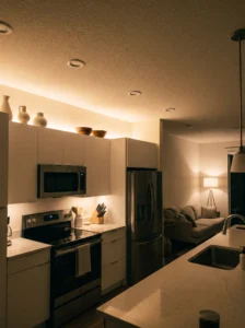 Warm LED rope lighting creating an ambient glow above kitchen cabinets