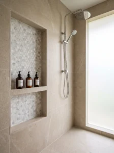 Built-in tiled shower niche with neatly arranged toiletries, contrasting mosaic backing, and clean contemporary shower finishes.