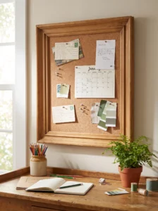Old wooden picture frame repurposed into a cork pin board for notes, postcards, and reminders.