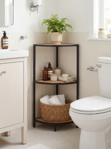 Compact three-tier corner shelf in a small bathroom with organized toiletries, folded towels, and a small green plant.