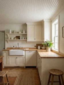 White beadboard panel ceiling with parallel grooves in a bright cottage-style farmhouse kitchen.