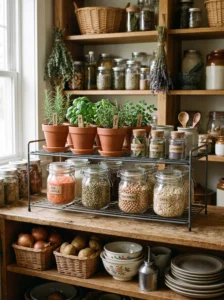 GREJIG shoe rack repurposed as a tiered cottagecore pantry shelf riser