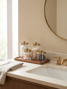 Matching glass bathroom jars with brass lids holding cotton balls, cotton swabs, and bath salts on a small vanity tray.