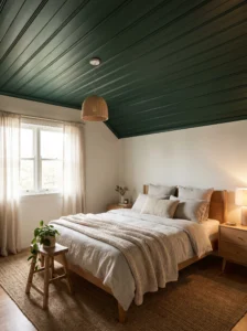 Dark green painted wood plank ceiling in a cozy bedroom