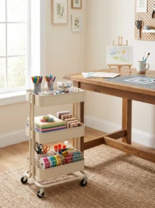 Three-tier rolling craft cart storing project supplies, paper, markers, scissors, and small organizing containers.