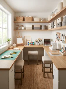 Craft room organized into separate cutting, painting, sewing, and paper-crafting zones to improve workflow.