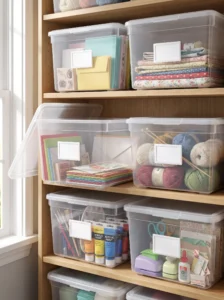 Clear labeled project bins organizing separate craft projects, unfinished work, fabric, paper, yarn, and tools.