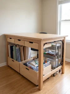 Under-table craft storage with rolling bins, shallow drawers, and a compact cart for supplies and unfinished projects.
