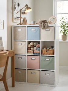 Cube shelving with fabric bins organizing yarn, fabric, paper, and craft supplies in a small workspace.