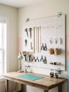 Craft room pegboard wall organizing scissors, rulers, paintbrushes, thread spools, and small crafting tools.