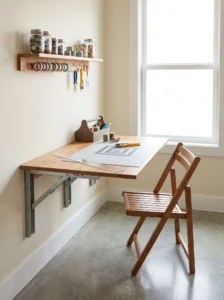 Space-saving fold-down wall table with a compact chair and organized supplies for a small craft room.