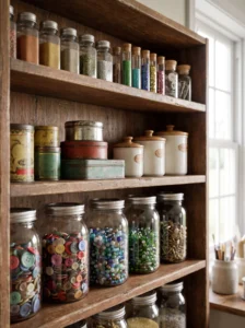 Recycled glass jars and thrifted containers organizing colorful beads, buttons, sequins, and tiny craft supplies.