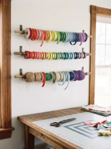 DIY wooden dowel rack displaying colorful ribbon spools, washi tape, and twine in an organized craft room.