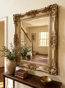 Ornate vintage gold picture frame transformed into a decorative statement mirror above an entryway console.