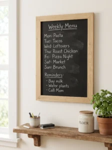 Repurposed wooden picture frame turned into a black chalkboard memo board for kitchen reminders.