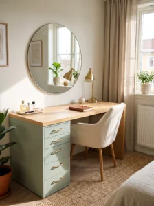 IKEA ALEX drawer unit transformed into a compact vanity desk with a wood tabletop, mirror, and stylish hardware.