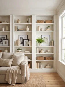 White IKEA BILLY bookcase transformed into a floor-to-ceiling built-in with crown molding and styled shelves.