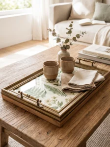 Repurposed picture frame serving tray with glass top, botanical insert, and two decorative handles.