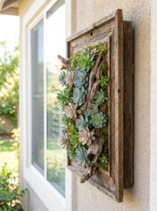 Deep wooden picture frame transformed into living wall art filled with green and blue-green succulents.