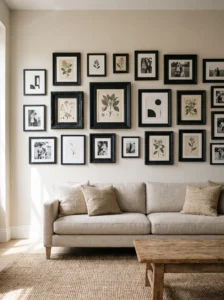 Mismatched old picture frames painted matte black to create a coordinated gallery wall above a sofa.