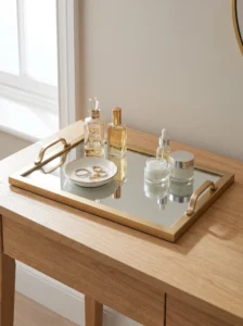 Repurposed picture frame vanity tray with a mirrored base, gold edges, handles, and neatly arranged perfume bottles.