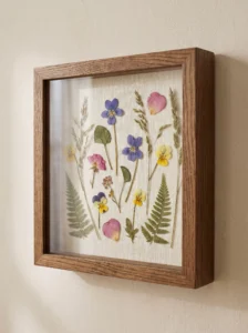 Old deep picture frame transformed into a pressed-flower shadow box with dried botanicals on cream linen.