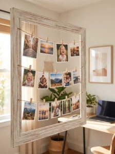 Large repurposed picture frame used as a string-and-clip photo display with twine and miniature clothespins.
