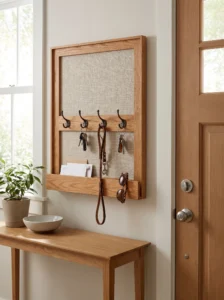 Old wooden picture frame converted into an entryway organizer with key hooks and a mail holder.