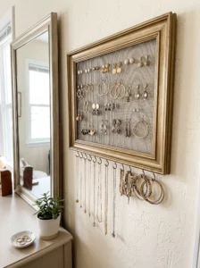 Old picture frame converted into a mesh jewelry organizer with earrings, necklaces, and bracelets.