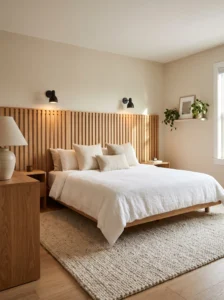IKEA bed makeover featuring a vertical natural oak slat headboard, neutral linen bedding, and warm bedside lighting.