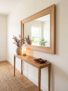IKEA mirror makeover with a natural oak frame above a styled entryway console table.