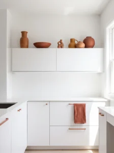 Color-blocked terracotta decor display above modern kitchen cabinets