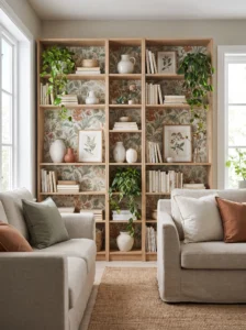 IKEA open bookcase makeover with botanical wallpaper on the back panels and carefully styled shelves.