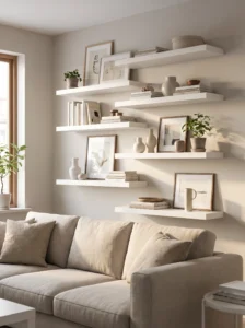 Staggered LACK floating shelves creating a stylish wall display