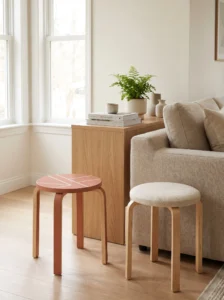 IKEA FROSTA stool makeover featuring a terracotta-painted seat and a second stool with cream upholstery.