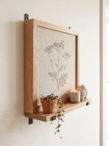 Repurposed picture frame with a built-in mini wooden shelf displaying a plant and small decorative objects.