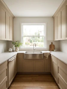 U-shaped kitchen with an undermount sink beneath a bright window and generous countertop space on both sides.