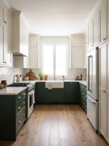 Two-tone U-shaped kitchen with forest-green lower cabinets, warm white upper cabinets, and light quartz countertops.