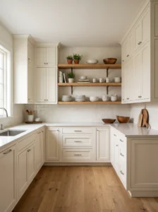 U-shaped kitchen combining open wooden shelves on one wall with closed cabinets and spacious countertops elsewhere.