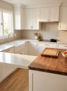 U-shaped kitchen combining light stone countertops with a warm walnut butcher-block preparation area and white cabinets.