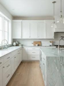 Pale sea-green quartzite kitchen countertop with subtle pearly veining, light oak cabinets, and a calm coastal-inspired design.