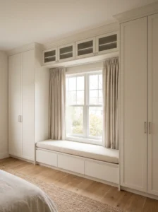 IKEA PAX wardrobes flanking a bedroom window with an overhead bridge cabinet and a cozy built-in window seat.