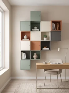 IKEA EKET wall cabinets transformed with coordinated sage, terracotta, cream, and charcoal paint colors.