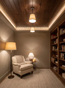 Dark walnut-stained wood plank ceiling creating amoody, cozy atmosp here in a reading den.