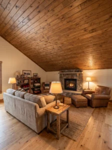 Warm stained tongue-and-groove pine ceiling creating a cozy cabin atmosphere in a rustic den.